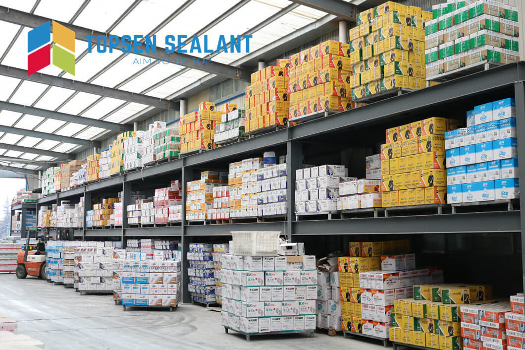 Topsen Sealant warehouse, showcasing organized storage of sealant products